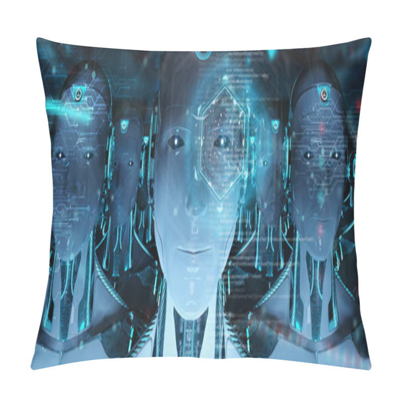 Personality  Group Of Male Robots Heads Using Digital Hologram Screens 3d Ren Pillow Covers