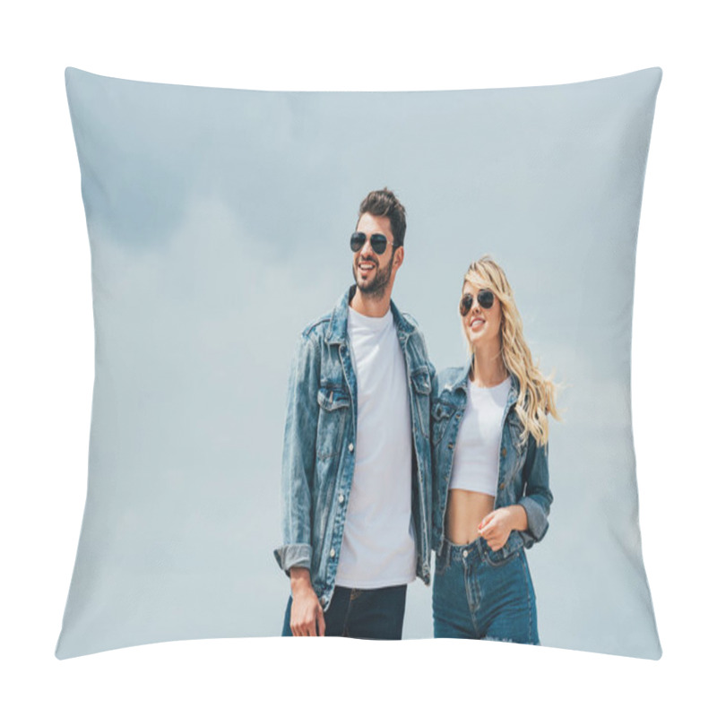 Personality  Attractive Woman And Handsome Man In Denim Jackets Smiling And Hugging Outside  Pillow Covers