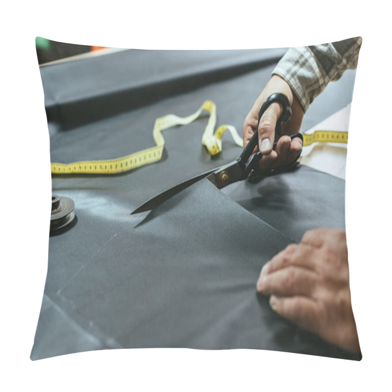 Personality  Cropped Image Of Male Handbag Craftsman Cutting Leather By Scissors At Workshop Pillow Covers