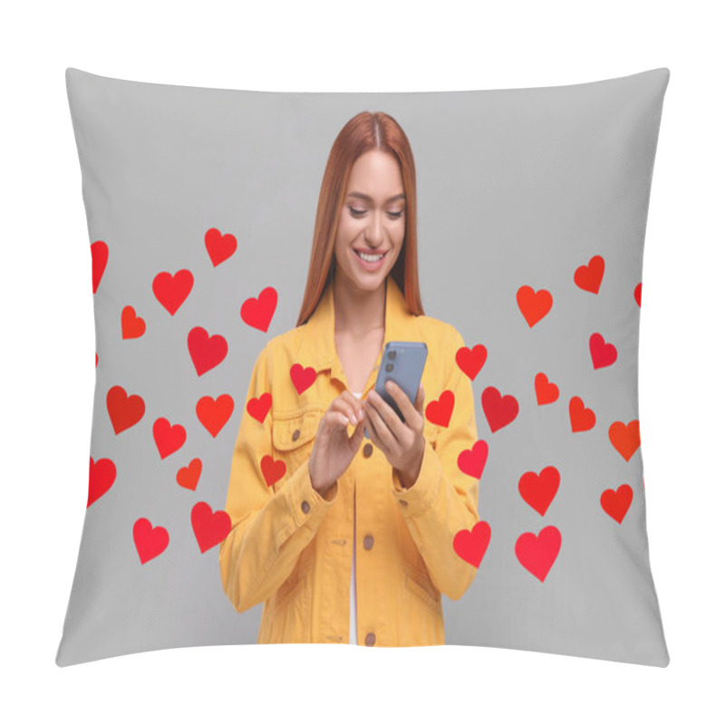 Personality  Long Distance Love. Woman Chatting With Sweetheart Via Smartphone On Grey Background. Hearts Flying Out Of Device And Swirling Around Her Pillow Covers