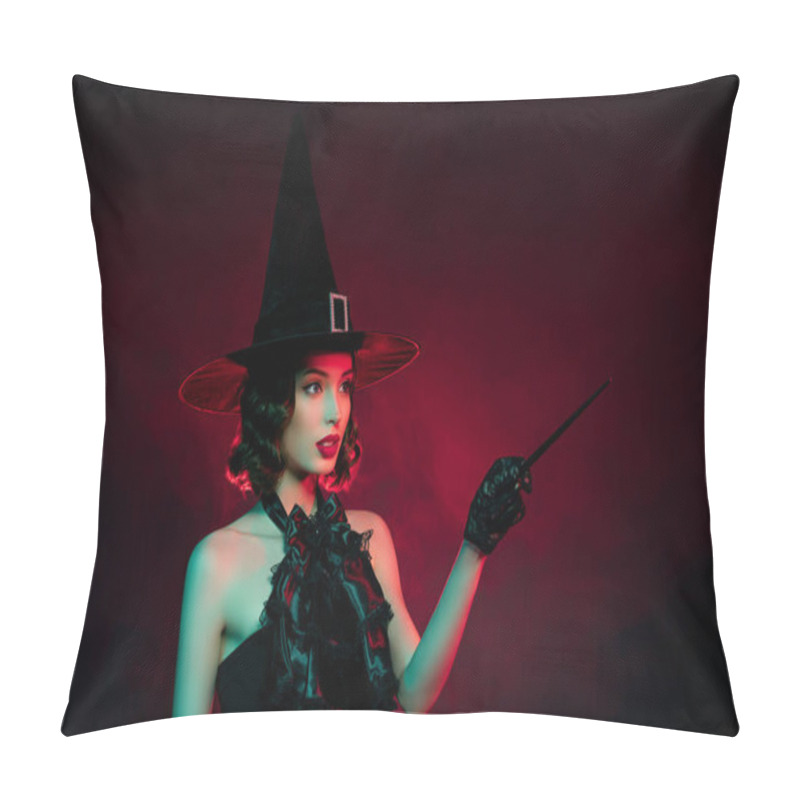 Personality  Photo Of Frightening Mystic Lady Wear Black Dress Point Magic Wand Empty Space Isolated Dark Red Smoke Color Background Pillow Covers