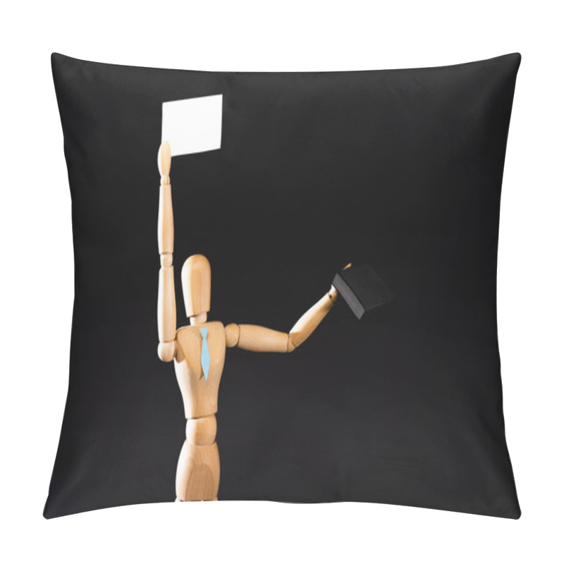 Personality  Wooden Marionette In Tie With Suitcase Holding Blank Placard Isolated On Black Pillow Covers