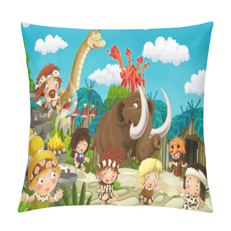 Personality  Cartoon Cavemen Village Scene With Volcano And Dinosaur Diplodocus And Mammoth In The Background - Illustration For Children Pillow Covers