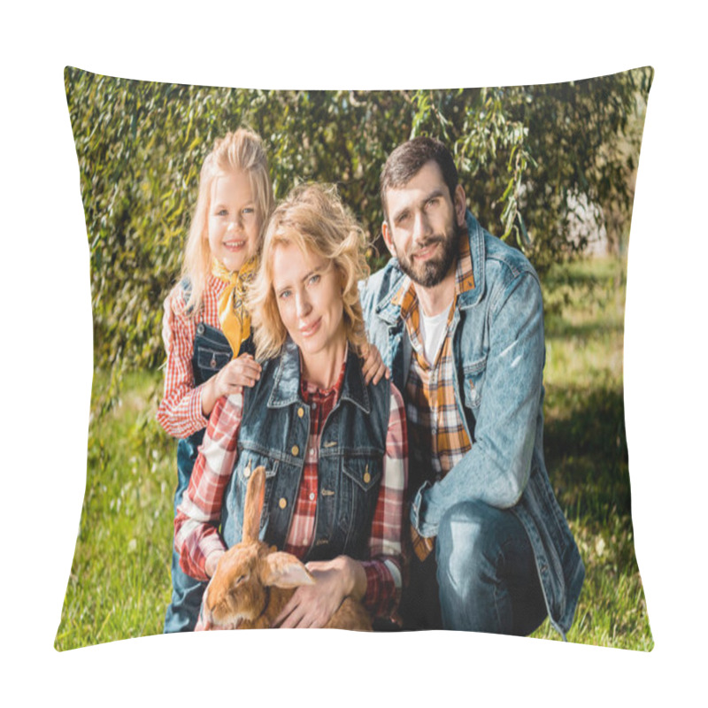 Personality  Adult Farmer Family With Daughter And Brown Rabbit Sitting On Grass Outdoors Pillow Covers