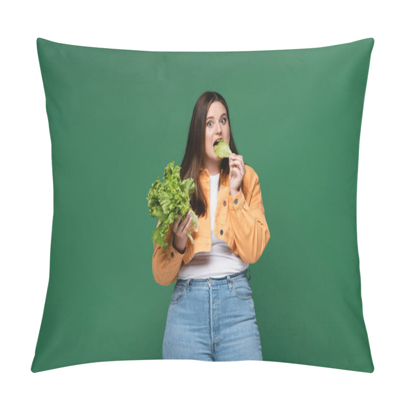 Personality  Young Woman With Overweight Eating Lettuce Isolated On Green Pillow Covers