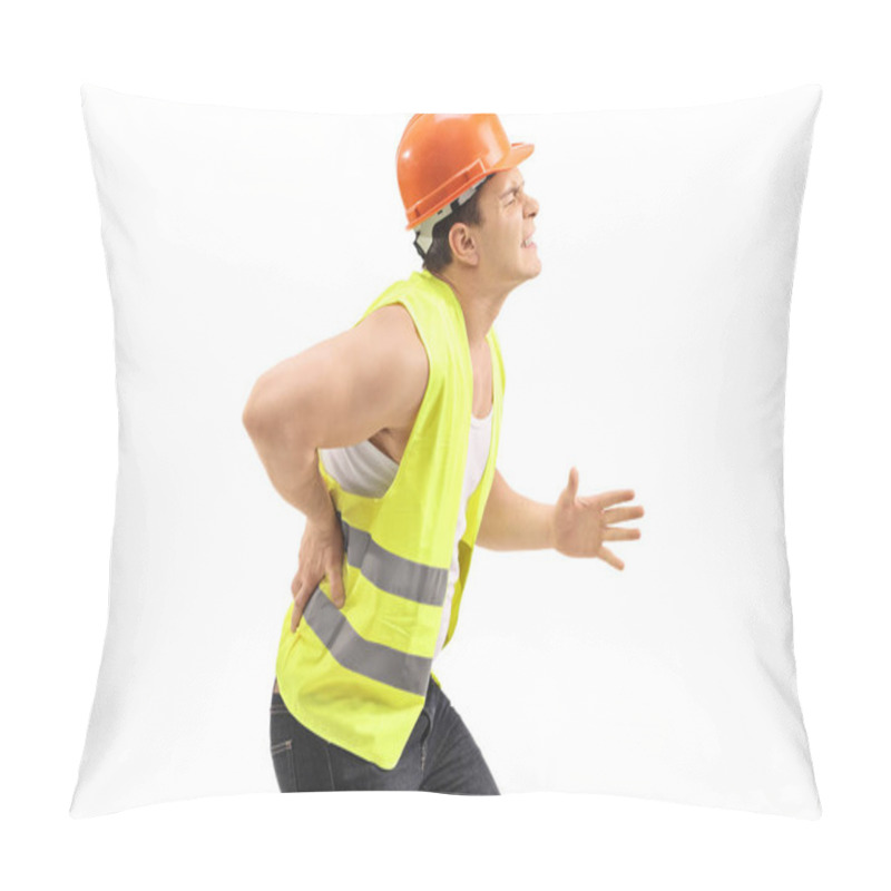 Personality  Construction Worker Experiencing Back Pain Isolated On White Background Pillow Covers