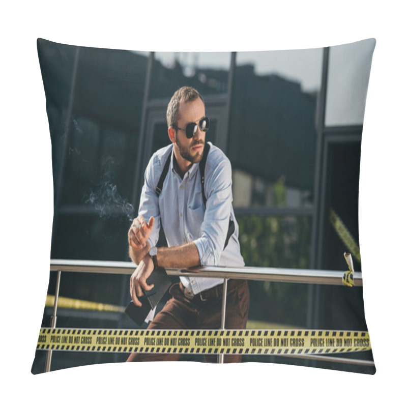 Personality  Male Detective In Sunglasses Smoking And Looking  To The Side Leaning On The Fence Pillow Covers