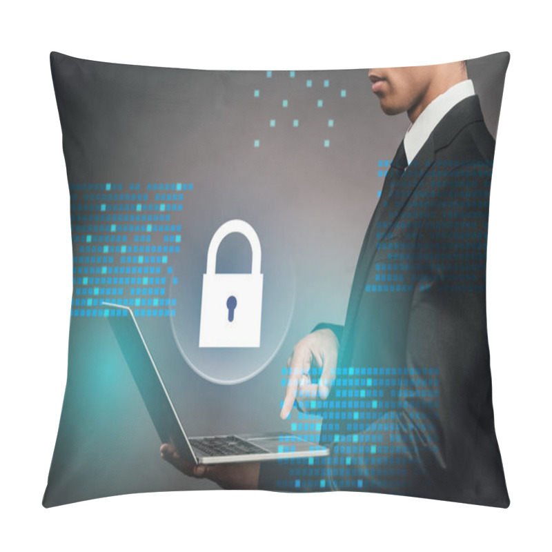 Personality  Partial View Of African American Businessman Using Laptop On Dark Background With Internet Security Illustration Pillow Covers