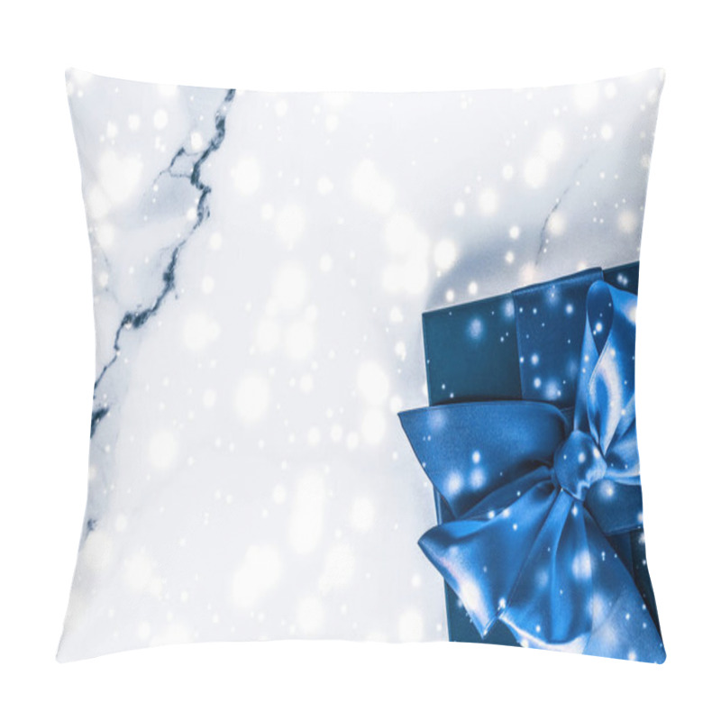 Personality  Winter Holiday Gift Box With Blue Silk Bow, Snow Glitter On Marb Pillow Covers