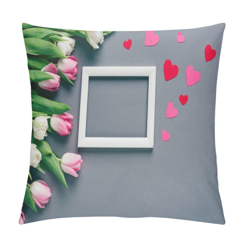 Personality  Top View Of White Empty Frame With Paper Hearts And Tulips On Grey Background Pillow Covers