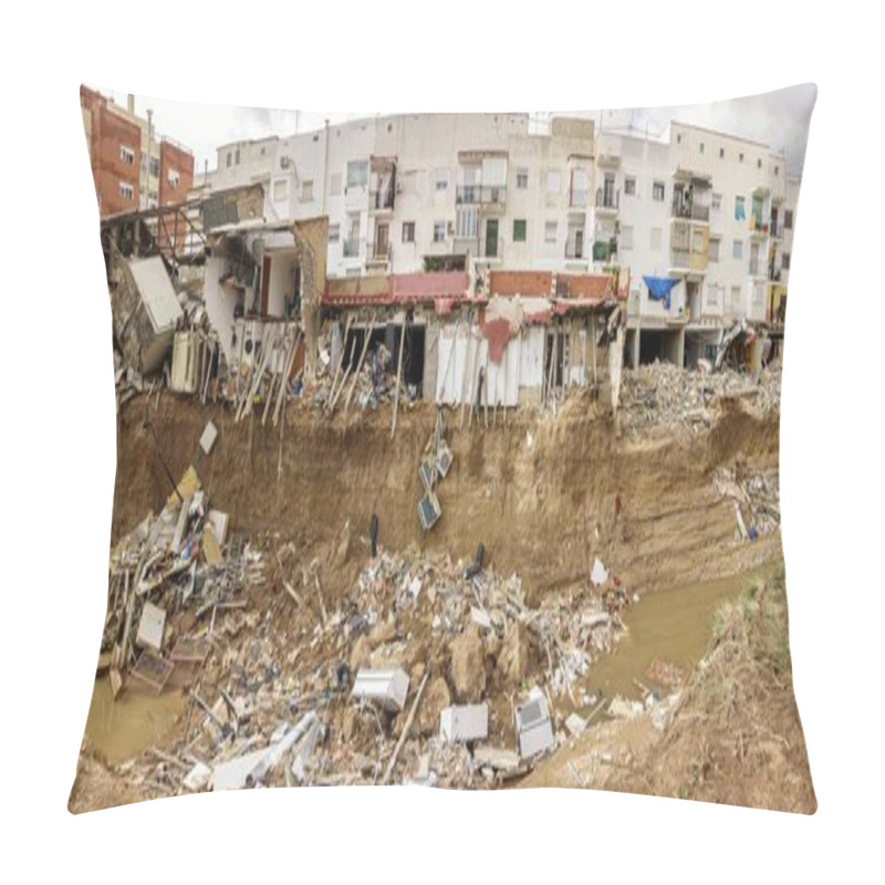 Personality  Chiva, Valencia, Spain; 11-06-2024: Buildings Half Destroyed By The Flood In The Poyo Ravine Caused By The Intense Rains Of The Dana Over The Valencian Community Pillow Covers