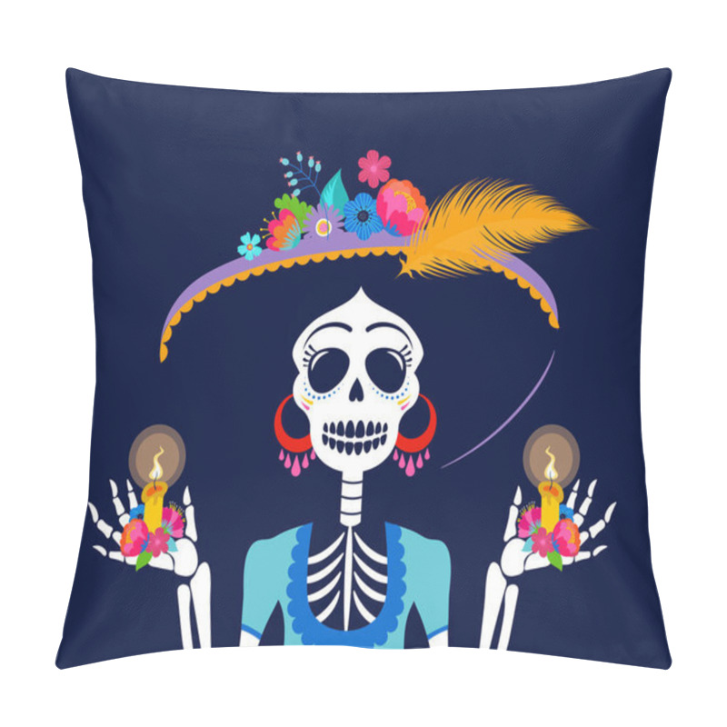 Personality  Dia De Los Muertos, Day Of The Dead, Mexican Holiday, Festival. Woman Skull With Make Up Of Catarina With Flowers Crown. Poster, Banner And Card With Sugar Skull Pillow Covers