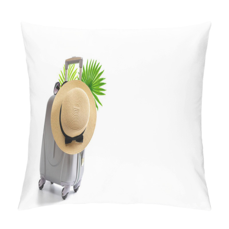 Personality  Summer Background Beach. Suitcase, Sunglasses With Palm Leaves And Straw Hat In Travel Composition Isolated On White Background. Tranquil Beach Scene With Copy Space Pillow Covers