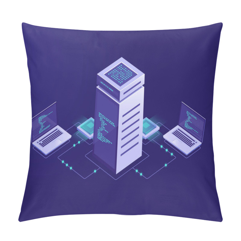 Personality  Big Data Processing Concept, Server Room, Blockchain Technology Token Access, Data Center And Database, Network Connection Isometric Illustration Vector Neon Dark Pillow Covers