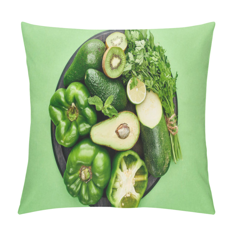 Personality  Top View Of Avocados, Peppers, Kiwi, Lime, Zucchini And Greenery On Pizza Skillet  Pillow Covers