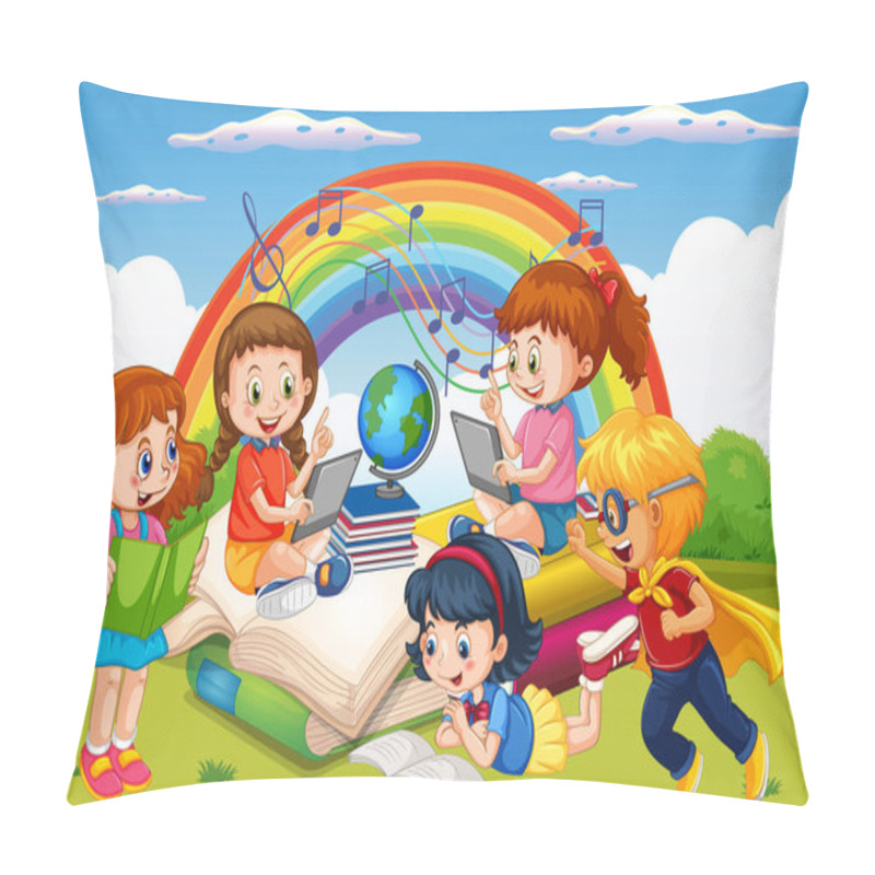 Personality  A Children Are Reading Books On A Stack Of Books In Garden Scene Illustration Pillow Covers