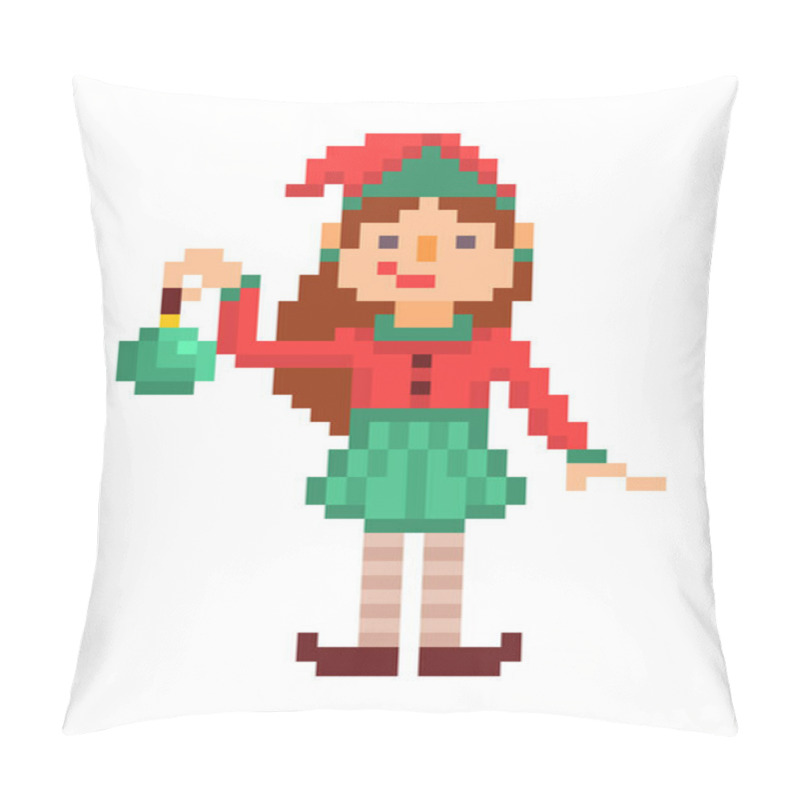 Personality  Christmas Elf Girl With A Green Toy, Pixel Art Character Isolated On White Background. 8 Bit Retro Old School 80s; 90s Slot Machine/video Game Grapics. Santa's Helper. Pillow Covers