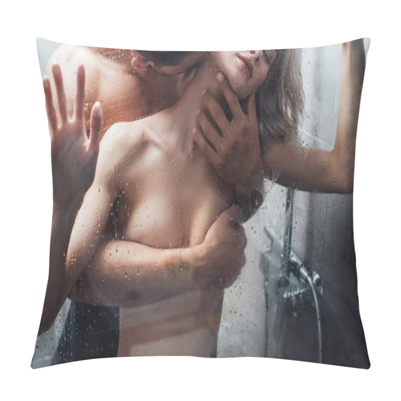 Personality  Naked Man Passionately Embracing And Kissing Woman In Shower  Pillow Covers