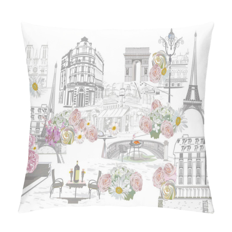 Personality  Series Of Street Views With Cafes And Flowers In Paris. Hand Drawn Vector Architectural Background With Historic Buildings. Pillow Covers