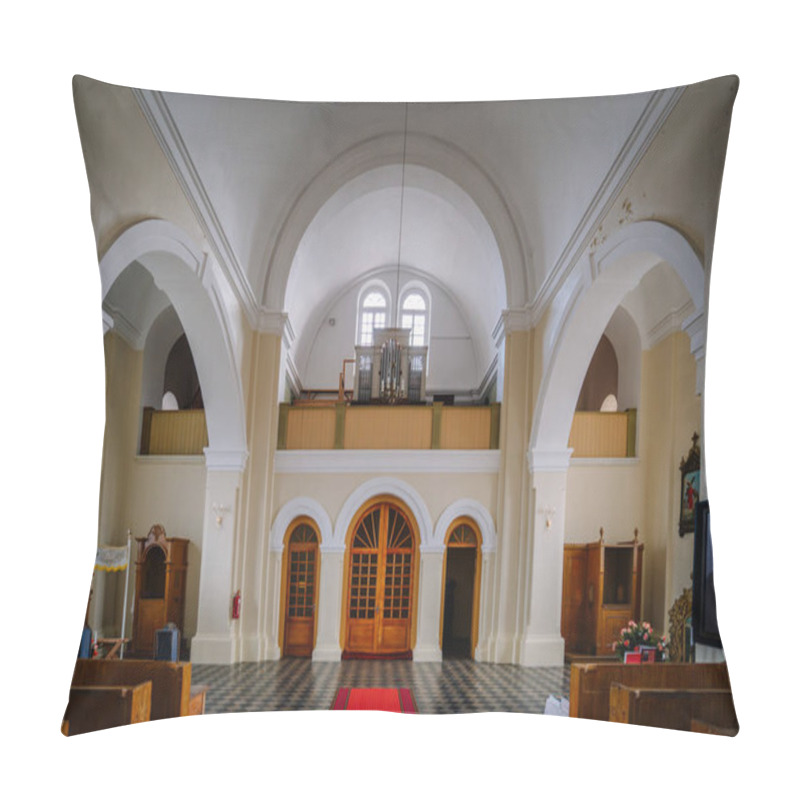 Personality  Stirniene, Latvia, November 26, 2024 - Interior Of A Church With Arched Architecture, An Organ Above Wooden Doors, And A Funeral Setup Including Framed Portraits And Floral Arrangements. Pillow Covers