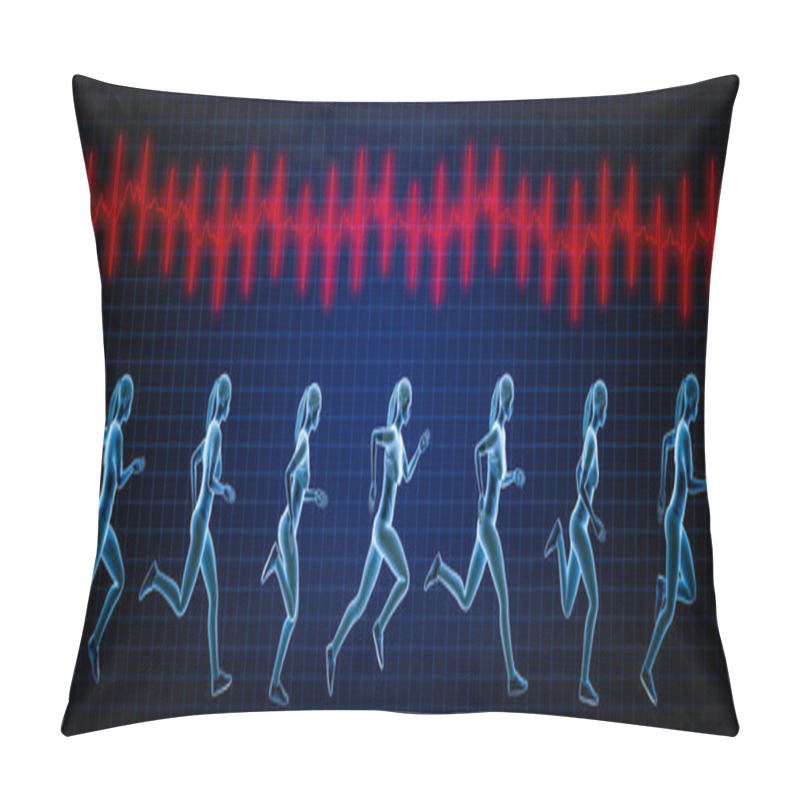 Personality  Sportswoman Running Sequence Movements And Heartbeat Ekg Curve. 3d Rendering Illustration. Sport, Fitness, Health, Human Biomechanics, Medical, Heart Rate Concepts. Pillow Covers