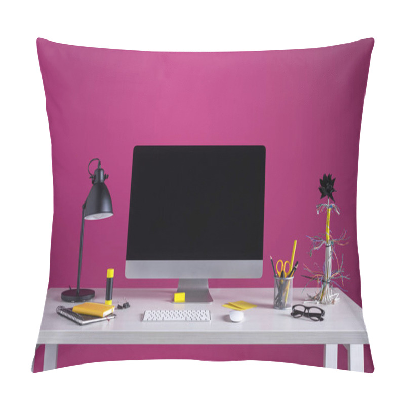 Personality  Desktop Computer With Blank Screen, Lamp And Various Office Supplies On Table At Workplace  Pillow Covers