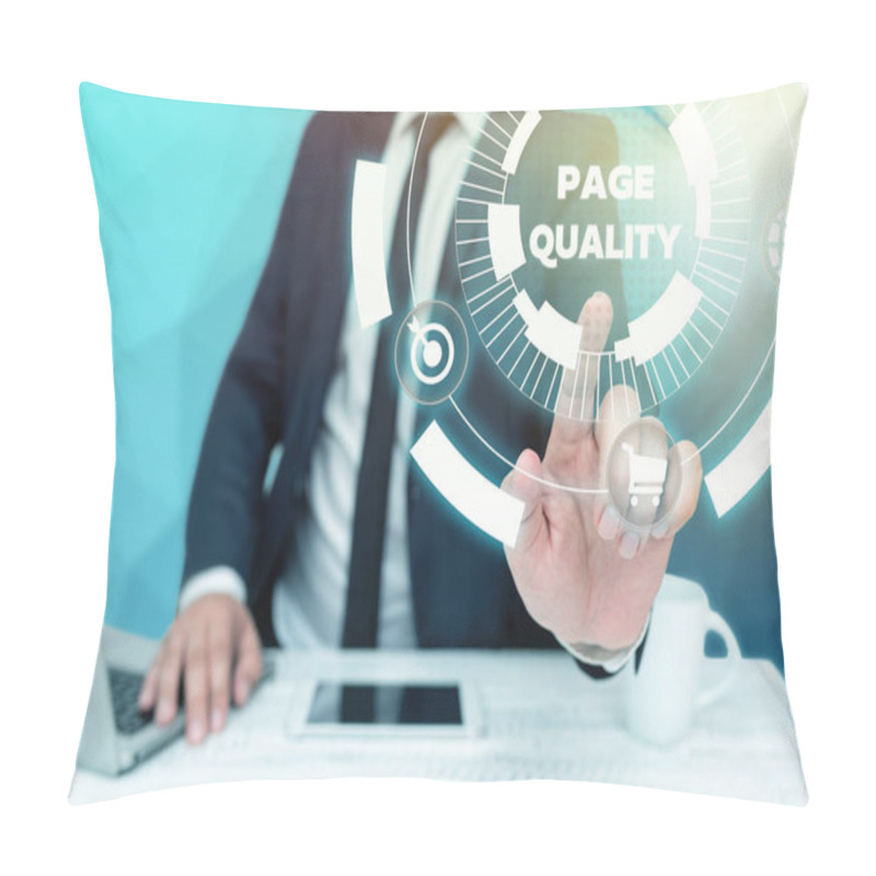 Personality  Conceptual Display Page Quality. Business Overview Effectiveness Of A Website In Terms Of Appearance And Function Bussiness Man Sitting Desk Laptop And Phone Pointing Futuristic Technology. Pillow Covers