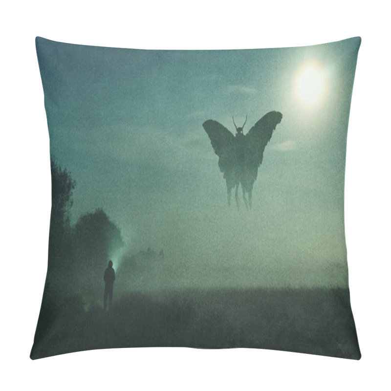 Personality  A Horror Concept. Of A Man Looking At A Mysterious Monster Mothman Figure, Flying In The Sky. Silhouetted Against The Moon At Night. With A Grunge, Textured Edit.  Pillow Covers