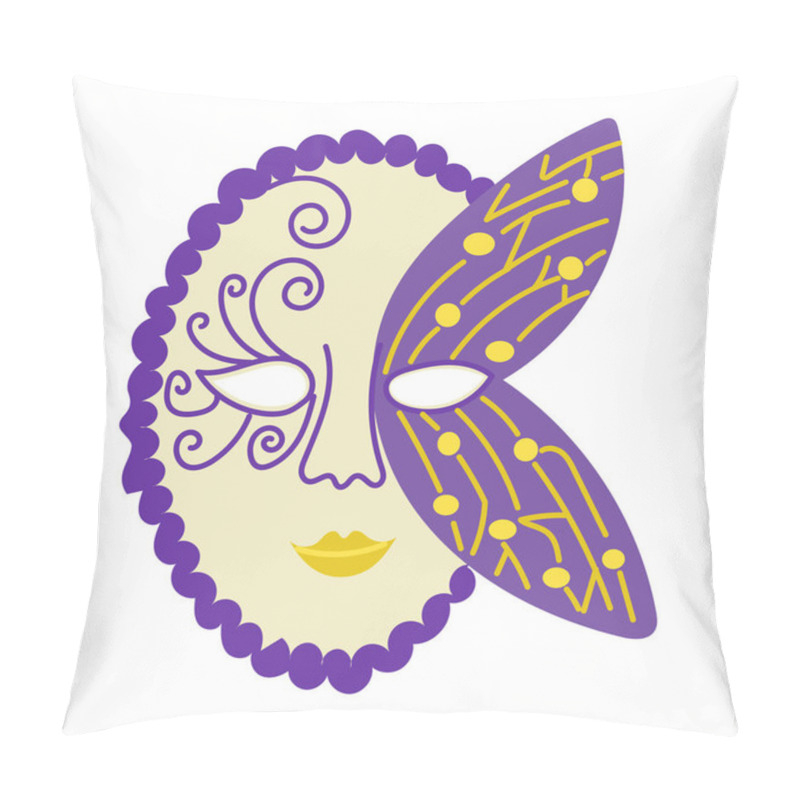 Personality  Elegant Venetian Carnival Mask With Intricate Purple And Yellow Patterns, A Scalloped Edge, And Whimsical, Ideal For Masquerades And Cultural Celebrations. Vector Drawing Isolated On White Background Pillow Covers