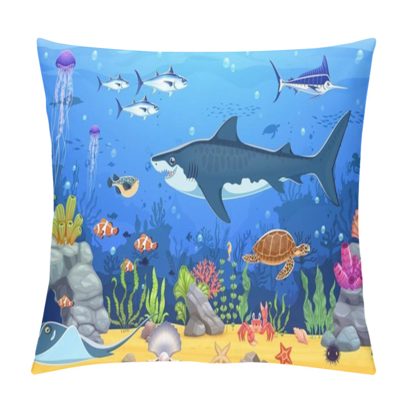 Personality  Game Map Underwater Landscape With Cartoon Sea Animals Like A Shark, Fish Shoals And Turtle, Tuna And Jellyfish Swimming Between Seaweeds. Vector Wallpaper Or Background, Game Seafloor Location Level Pillow Covers