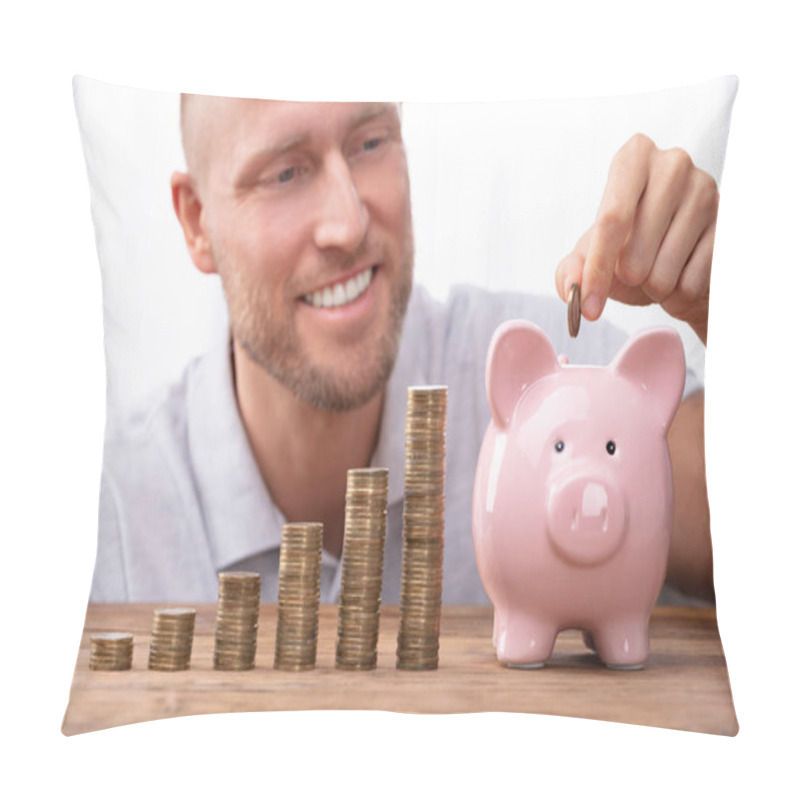 Personality  Happy Young Man Inserting Coin In Piggybank Near Increasing Profit On Desk Pillow Covers