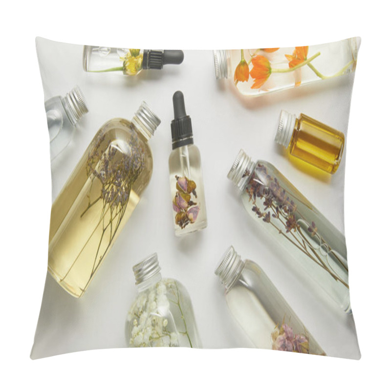 Personality  Top View Of Transparent Bottles With Natural Beauty Products And Dried Wildflowers On Grey Background  Pillow Covers