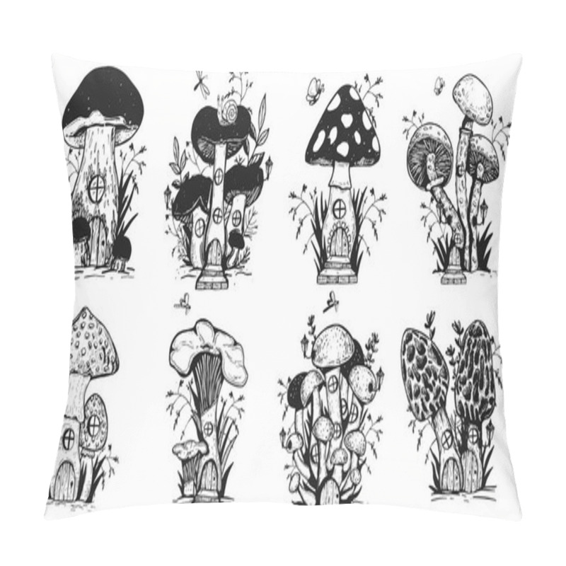 Personality  Mushroom House Vector. Drawing. Fantastic Mushrooms With Windows And Doors Sketch. Coloring Sketch. Vector. Eps Pillow Covers