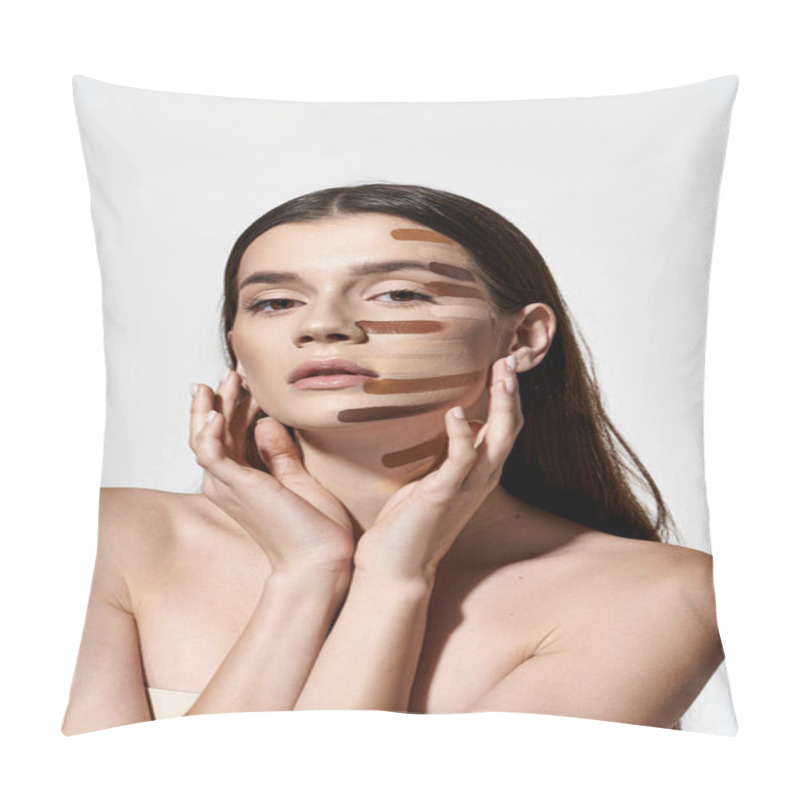 Personality  Attractive Young Woman Showcasing Beauty Products Like Foundation. Pillow Covers