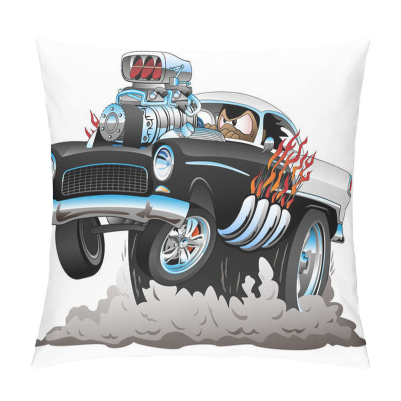 Personality  Classic American Fifties Style Hot Rod Funny Car Cartoon With Big Engine, Flames, Smoking Tires, Popping A Wheelie, Vector Illustration Pillow Covers