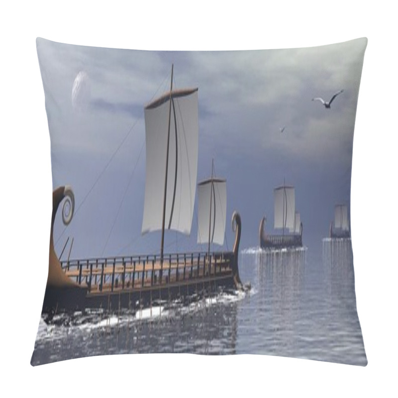 Personality  Three Old Greek Trireme Boats On The Ocean By Cloudy Night With Full Moon Pillow Covers