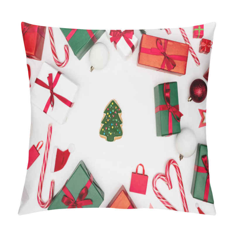 Personality  Top View Of Gingerbread Christmas Tree Surrounded By Gift Boxes And Baubles On White Background Pillow Covers