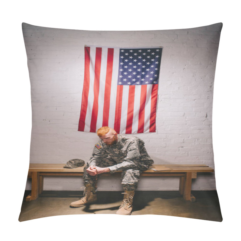 Personality  Soldier In Military Uniform Sitting On Wooden Bench With American Flag On White Brick Wall Behind, 4th July Holiday Concept Pillow Covers