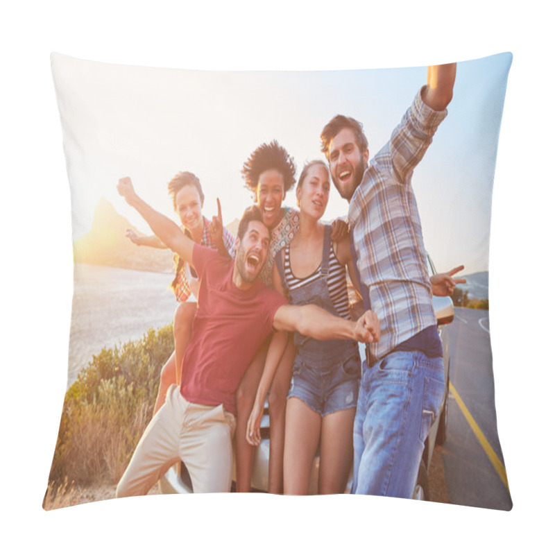 Personality  Group Of Friends Standing By Car At Sunset Pillow Covers