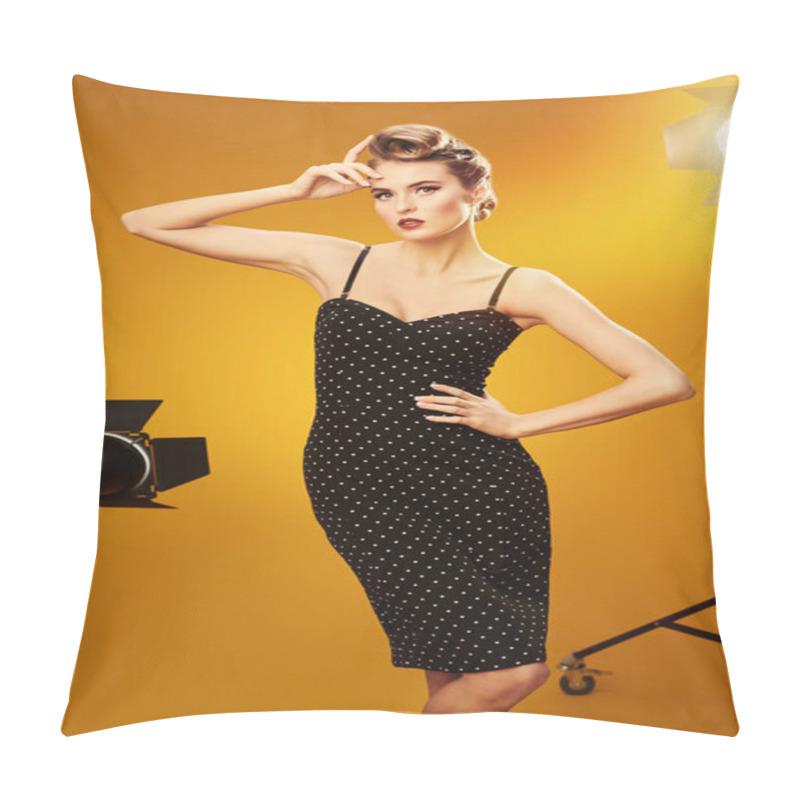 Personality  Beautiful Glamorous Woman In Elegant Evening Dress Posing In The Light Flashes. Pin-up Style In Clothes, Hair And Make-up. Pillow Covers