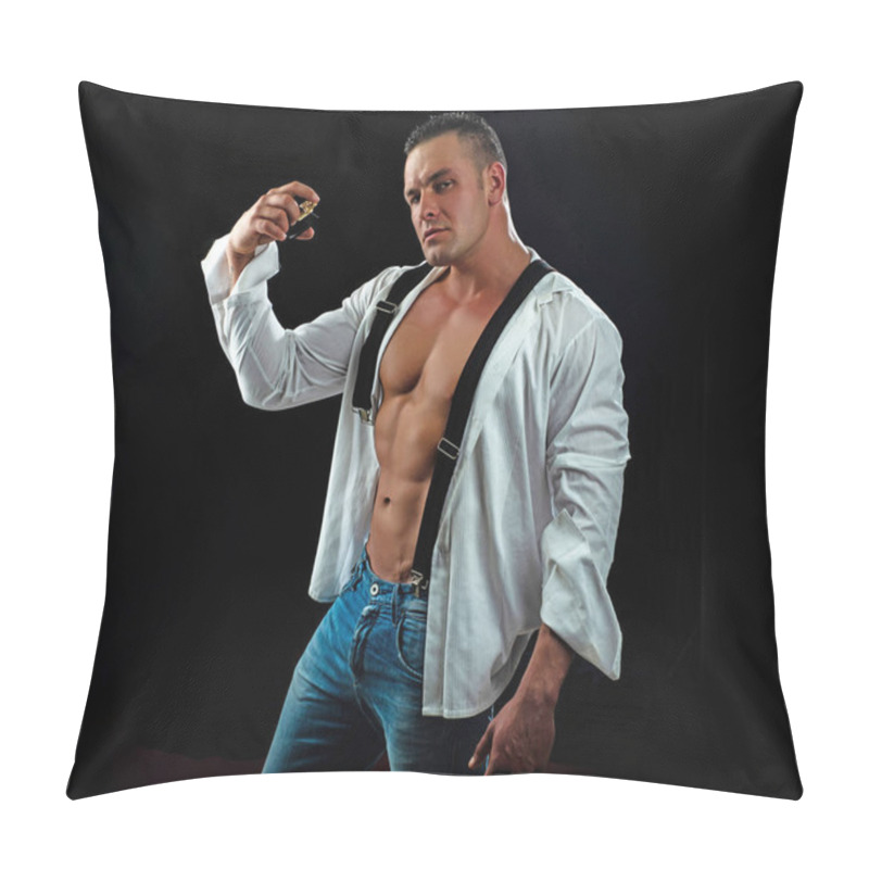 Personality  Sexy And Charismatic Man. Sexy Man In Unbuttoned Shirt. Handsome Guy With Sexy Bare Torso. Fashion And Style. Attractive And Sexy. Pillow Covers