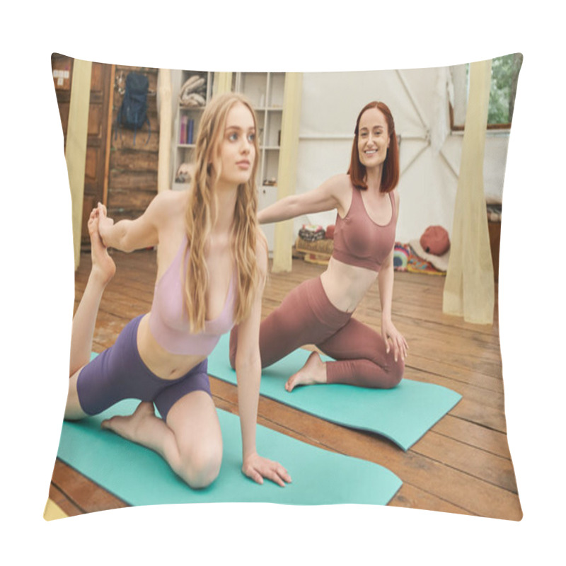 Personality  Young Girlfriends In Sportswear Practicing Yoga In Pigeon Pose In Modern Retreat Center Pillow Covers