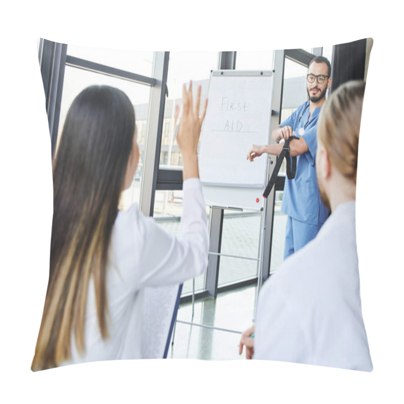 Personality  Medical Instructor With Compressive Tourniquet Standing At Flip Chart And Looking At Student Asking Question During First Aid Seminar, Emergency Preparedness And Life-saving Skills Concept Pillow Covers