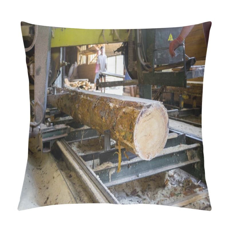 Personality  Sawmill. Process Of Machining Logs In Sawmill Machine Saws The Tree Trunk Pillow Covers