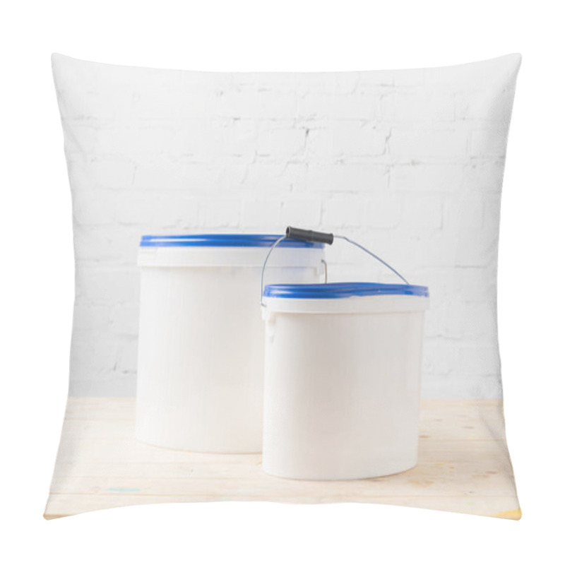 Personality  Two Plastic Buckets With Paints On Wooden Surface Pillow Covers