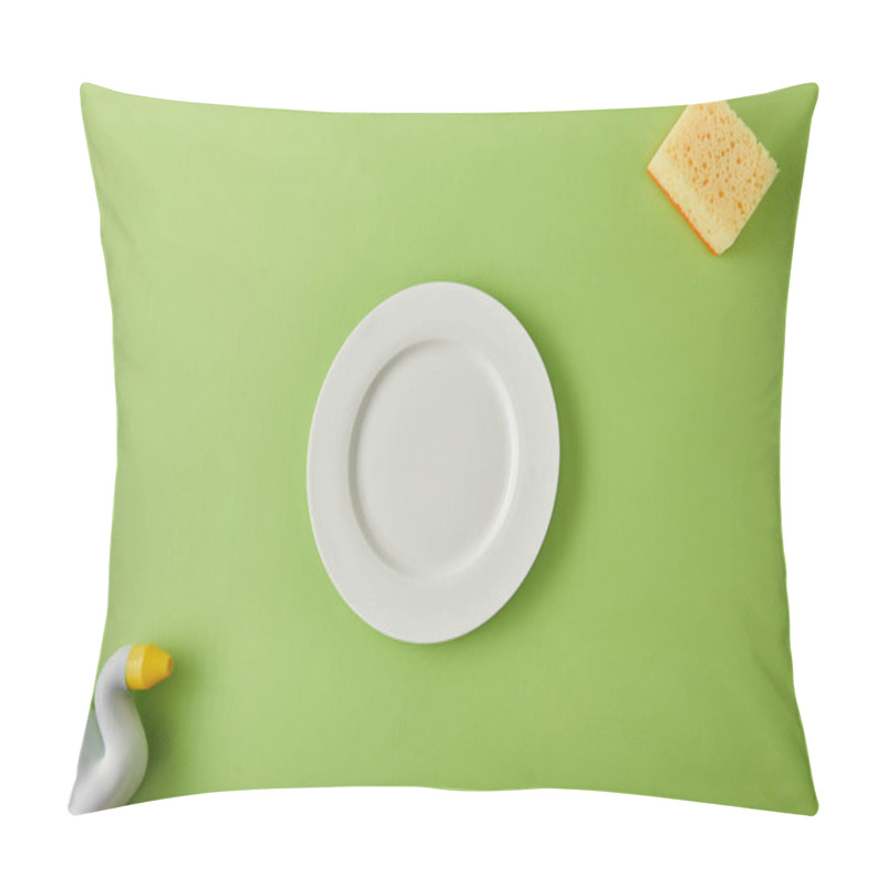 Personality  Top View Of White Plate, Sponge And Bottle For Dish Washing On Green Pillow Covers