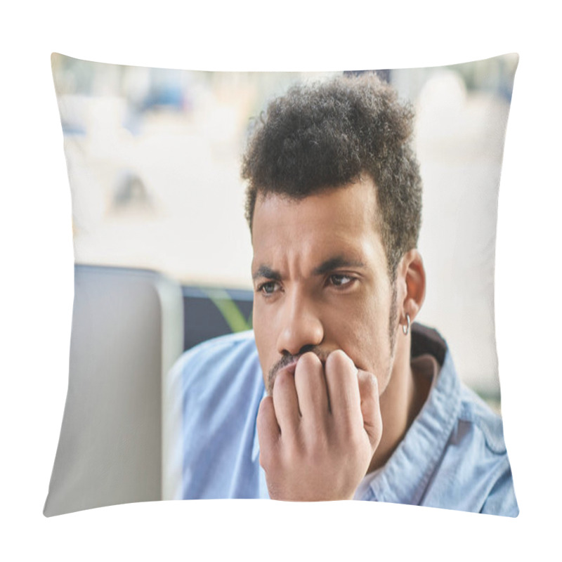 Personality  Handsome Man Ponders Thoughtfully, Fingers Touching His Chin, Surrounded By A Lively Cafe Setting. Pillow Covers