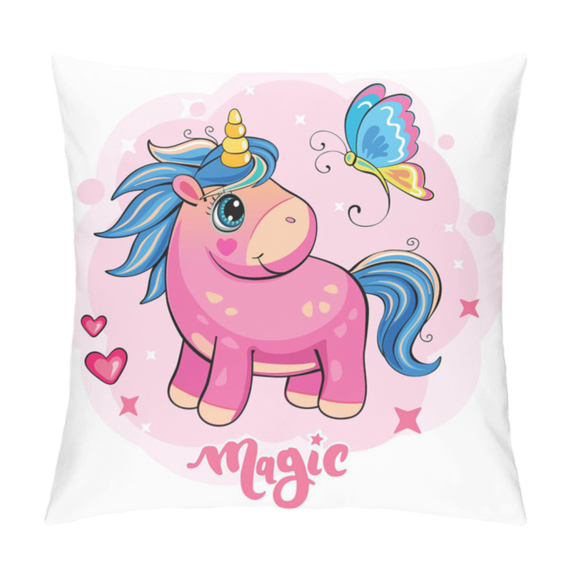 Personality  Cartoon Pink Unicorn With A Butterfly. Cute Little Pony. Romantic Story. Wonderland. Children's Illustration With Animal, Butterfly, Clouds, Stars And Hearts. Vector. Pillow Covers