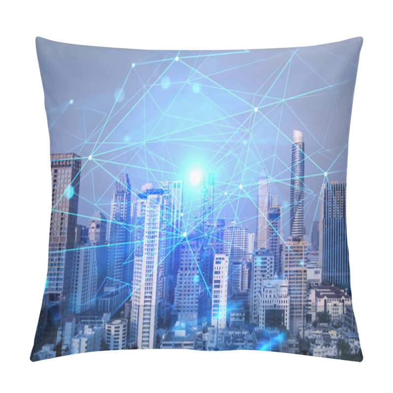 Personality  Hologram Of Abstract Technology Glowing Icons, Panoramic Cityscape Of Bangkok At Sunset, Asia. The Concept Of Worlds Technological Changes. Double Exposure. Pillow Covers