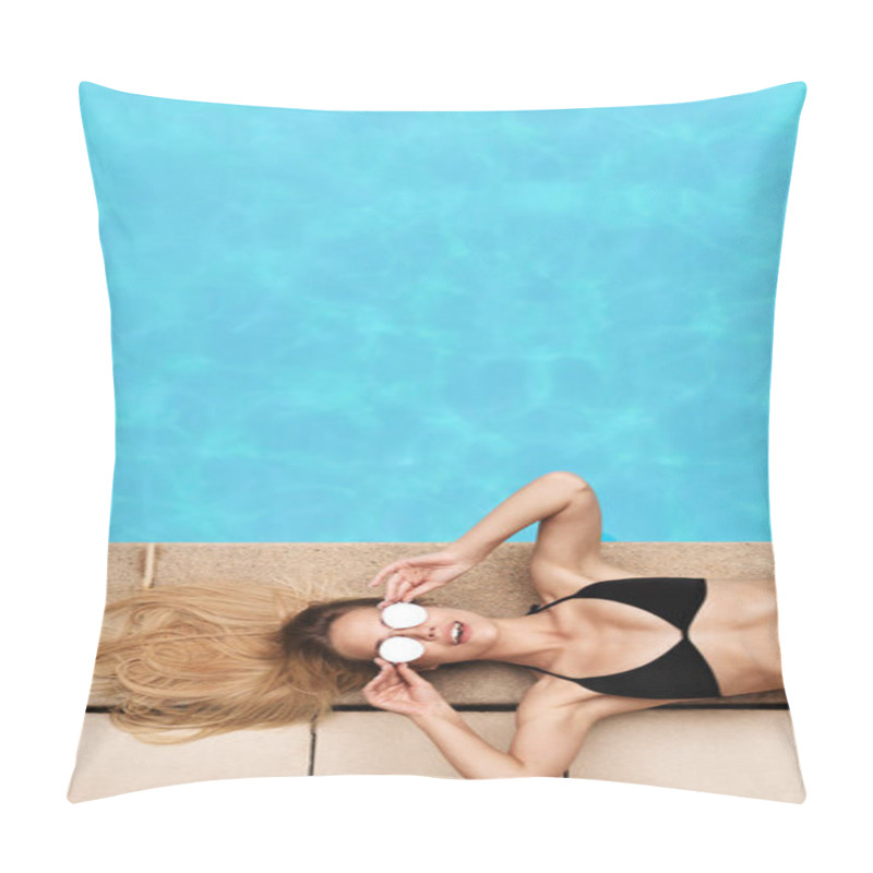 Personality  Top View Of Pretty Girl In Stylish Bikini Sunbathing At Poolside, Free Space Pillow Covers